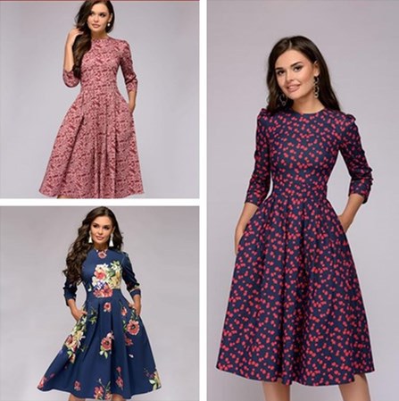 Robes rondes vintage à petites fleurs à manches 3/4 pour femmes