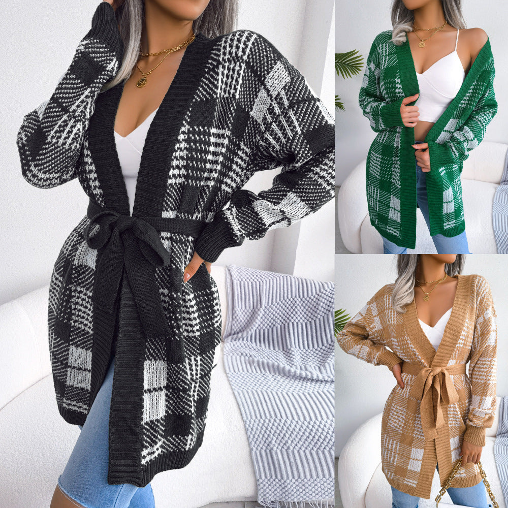 Women's Plaid Lace-up Lantern Sleeve Casual Coats