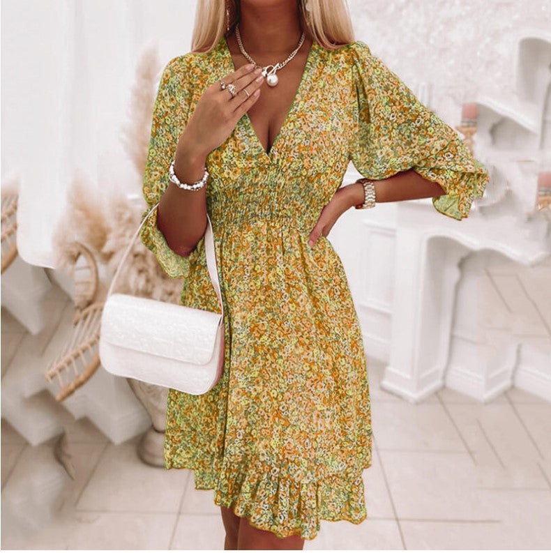 Pullover Print Sleeve Puff Mid-waist Floral Dresses