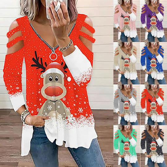 Christmas Elk Digital Printing Loose V-neck Long-sleeve Zipper Tops