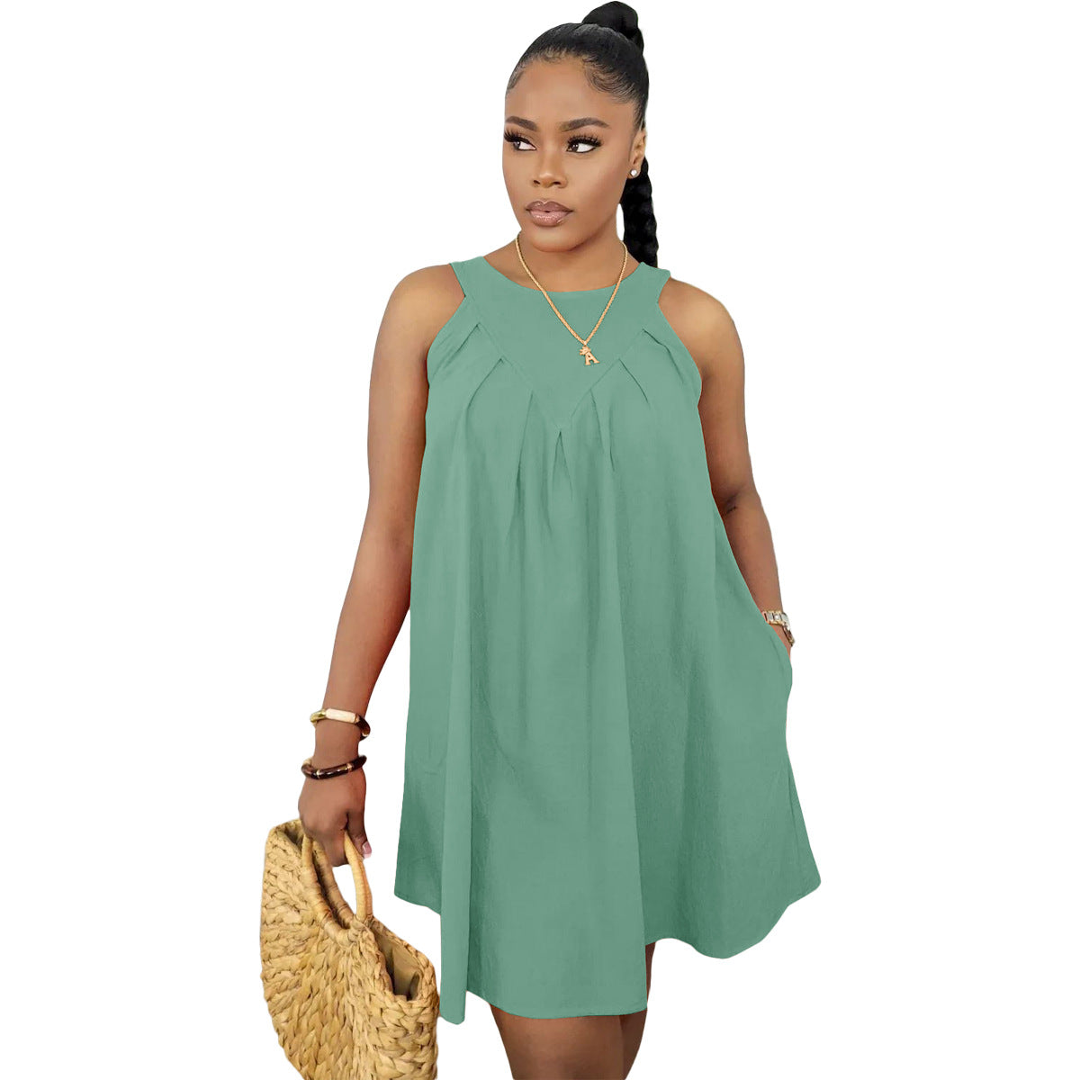 Summer Solid Color Sleeveless With Pocket Dresses