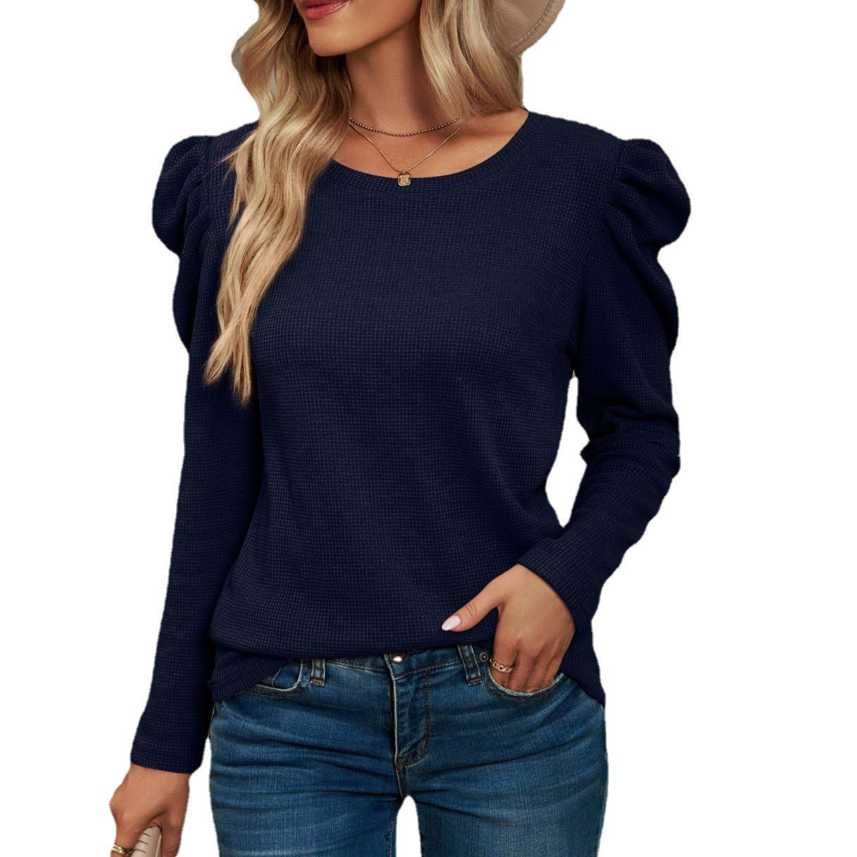 Women's Long-sleeved Pleated Patchwork Round Neck T-shirt Blouses