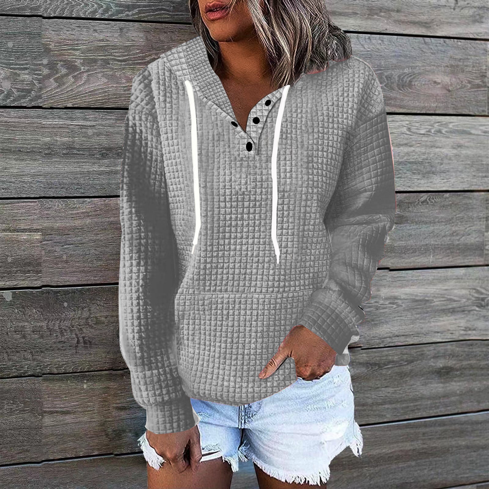 Women's Pure Color Casual Versatile Button Hooded Sweaters