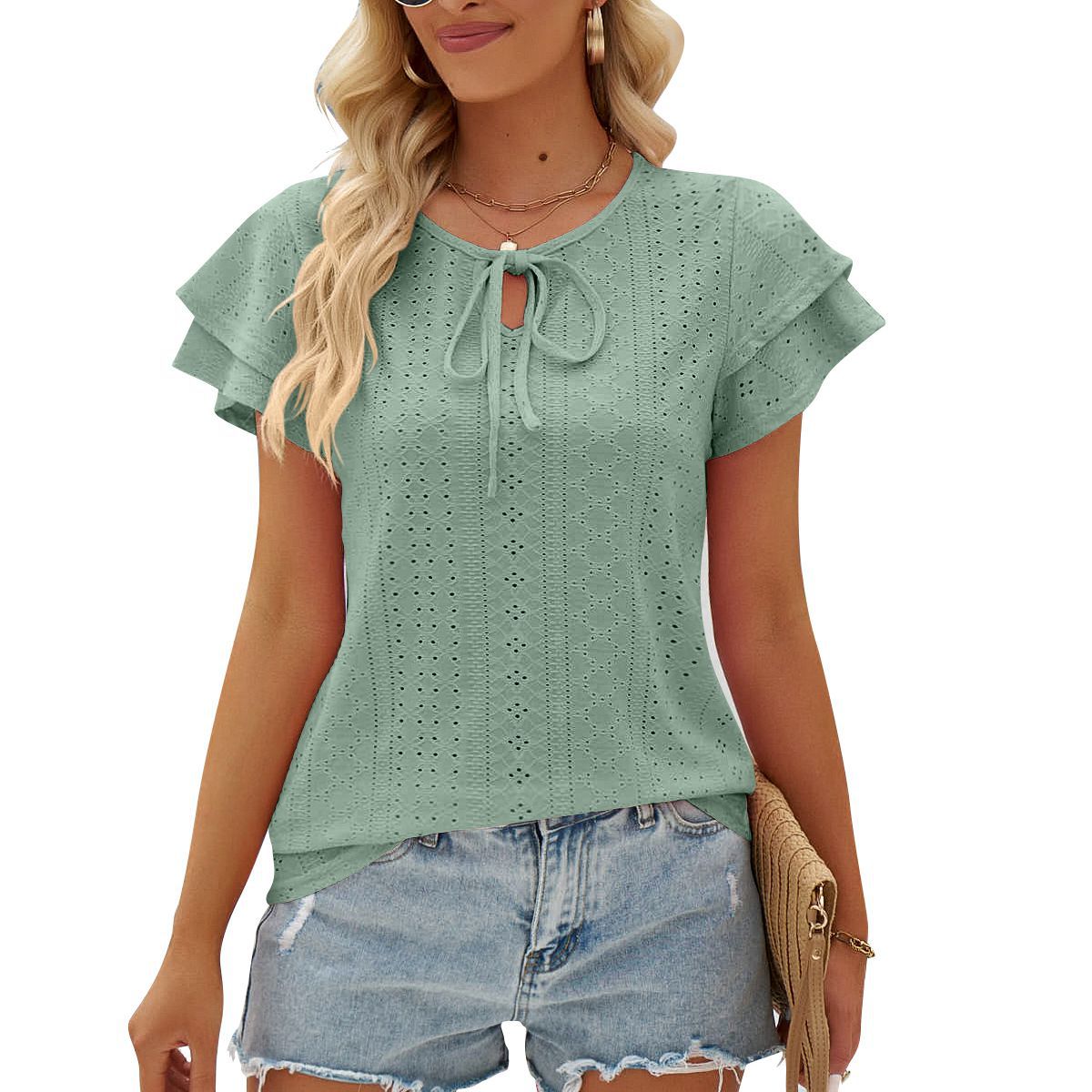 Women's Summer Hole Hollow-out Lace-up Double-layer Sleeve Blouses