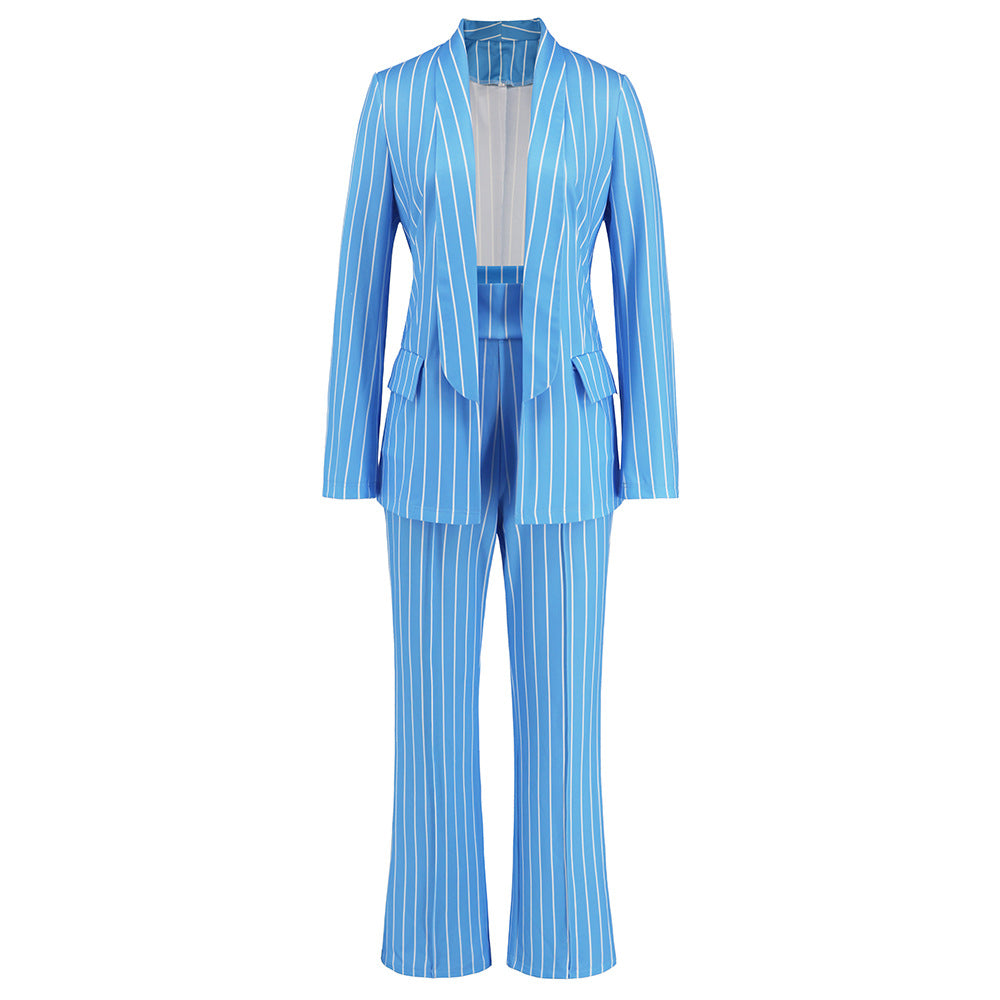 Women's Casual Striped Lapel Long Sleeve Loose Suits