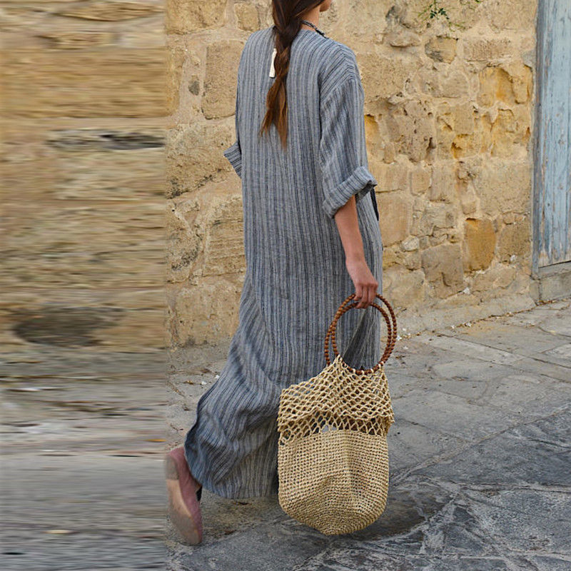 Cotton Linen Striped Loose Long Dress Dresses