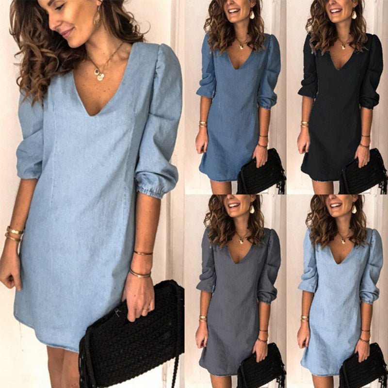 Women's Solid Color V-neck Half Sleeves Loose Dresses