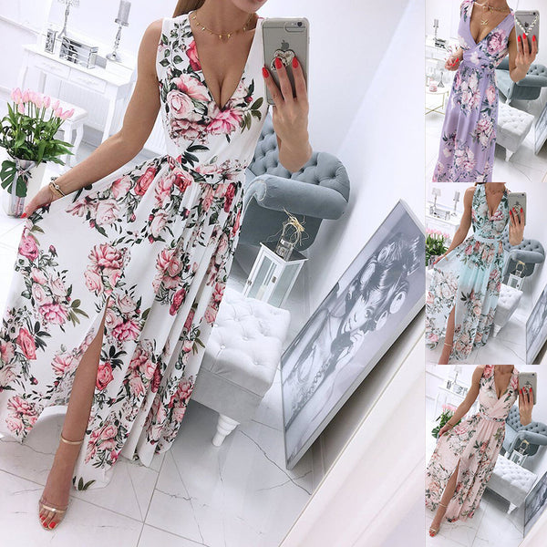 Women's Summer Chiffon Printed V-neck Dress Dresses