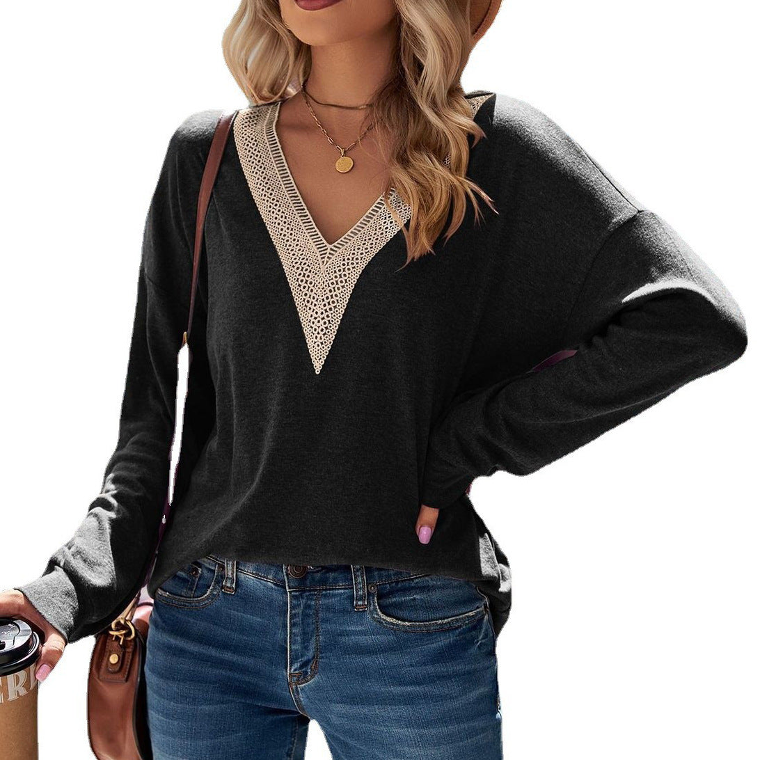 Long Sleeve Lace V-neck Solid Color Blouses