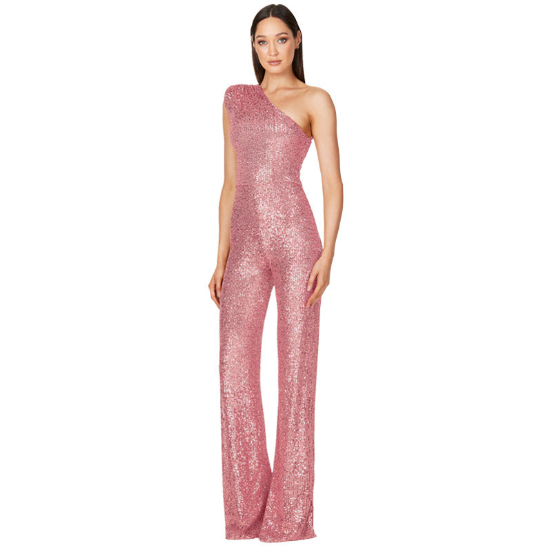 Women's Fashion Sleeveless One-shoulder Sequined Summer Jumpsuits