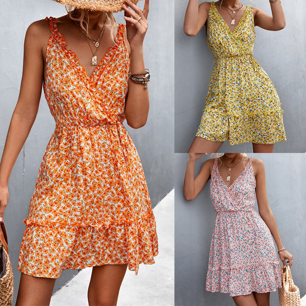 V-neck Lace-up Ruffled Floral Strap Dress Dresses