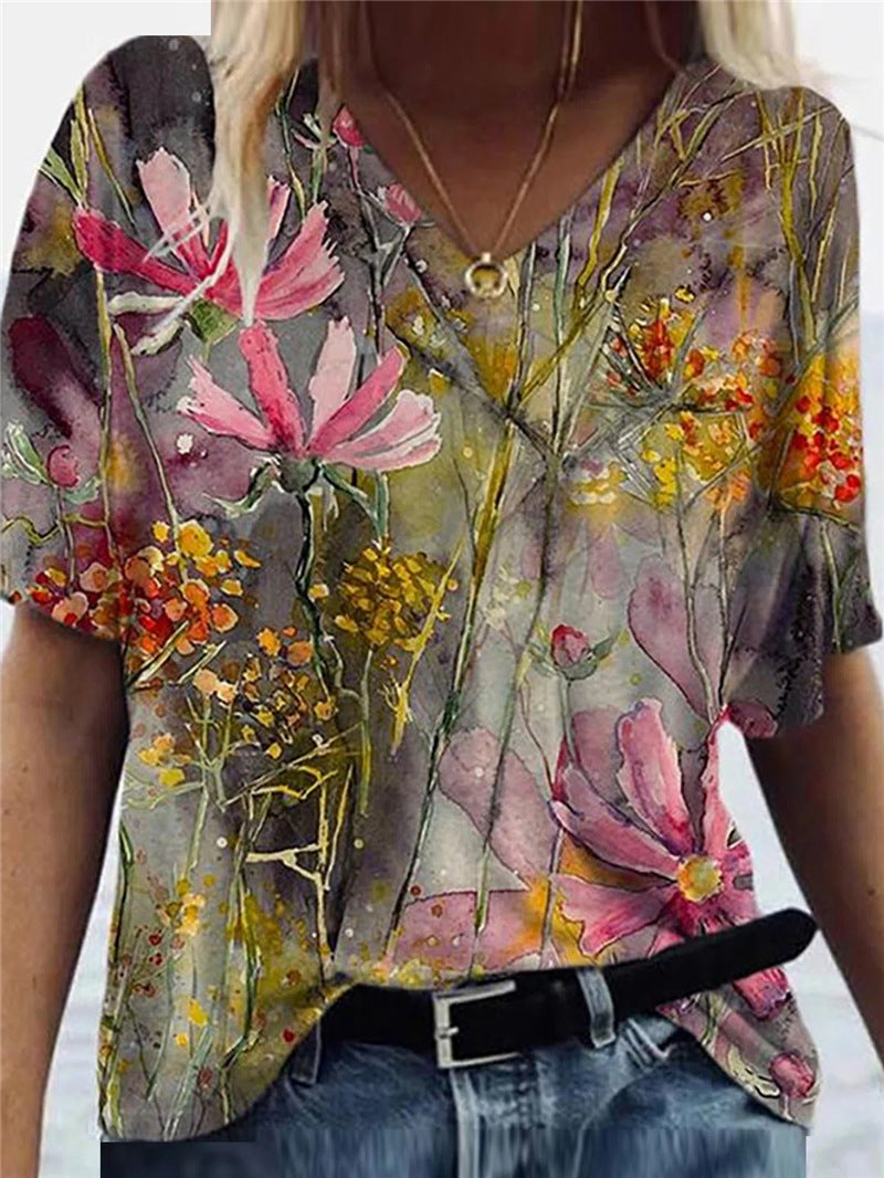 T-shirt d'été à manches imprimées fleurs pour femmes, chemisier à col en v