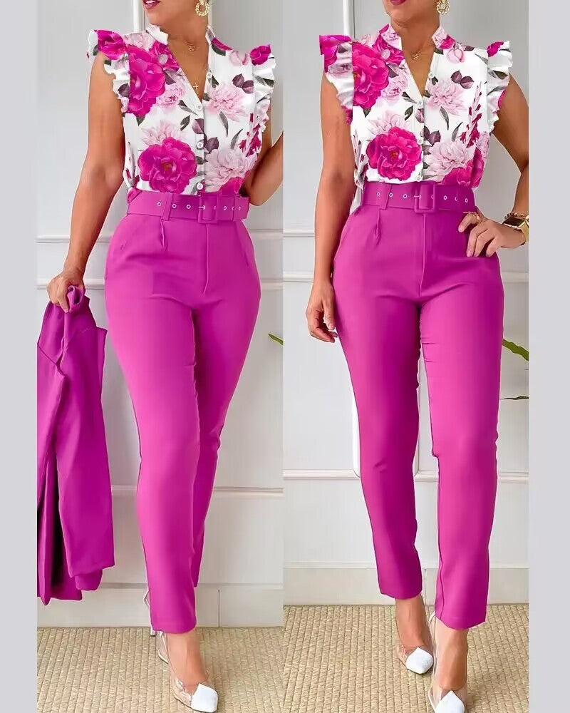 Women's Fashion Casual Ruffle Sleeve Two-piece Set Suits