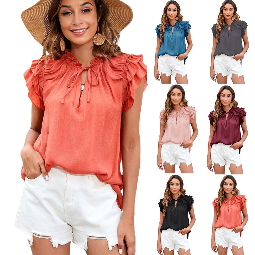Women's Summer Loose Solid Color Ruffle Sleeve Blouses
