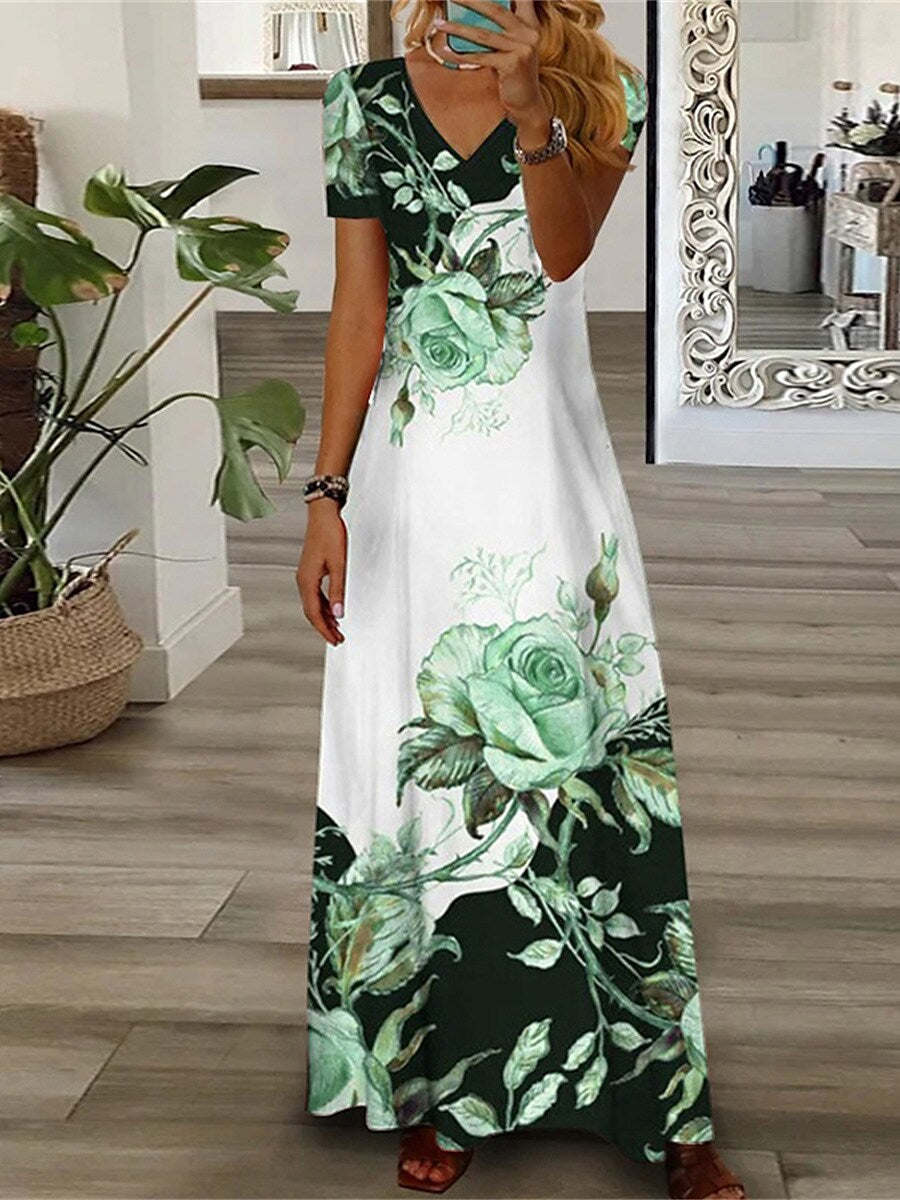 Women's Trendy Positioning Printed V-neck Short-sleeved Dresses