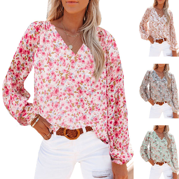 Women's V-neck Chiffon Lantern Sleeve Floral Shirt Blouses