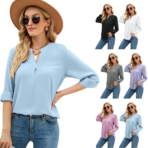 Women's Color Chiffon Shirt Loose V-neck Pullover Long Blouses