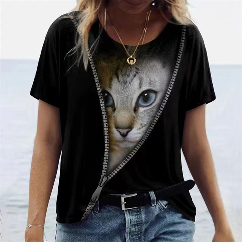 Women's Cat Print Round Neck Sleeve Blouses