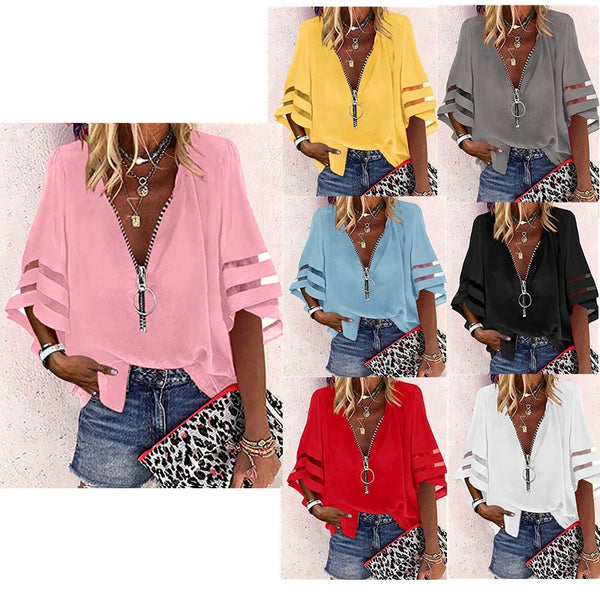 Women's Zipper Half Bell Sleeve Mesh Stitching Loose Casual Blouses