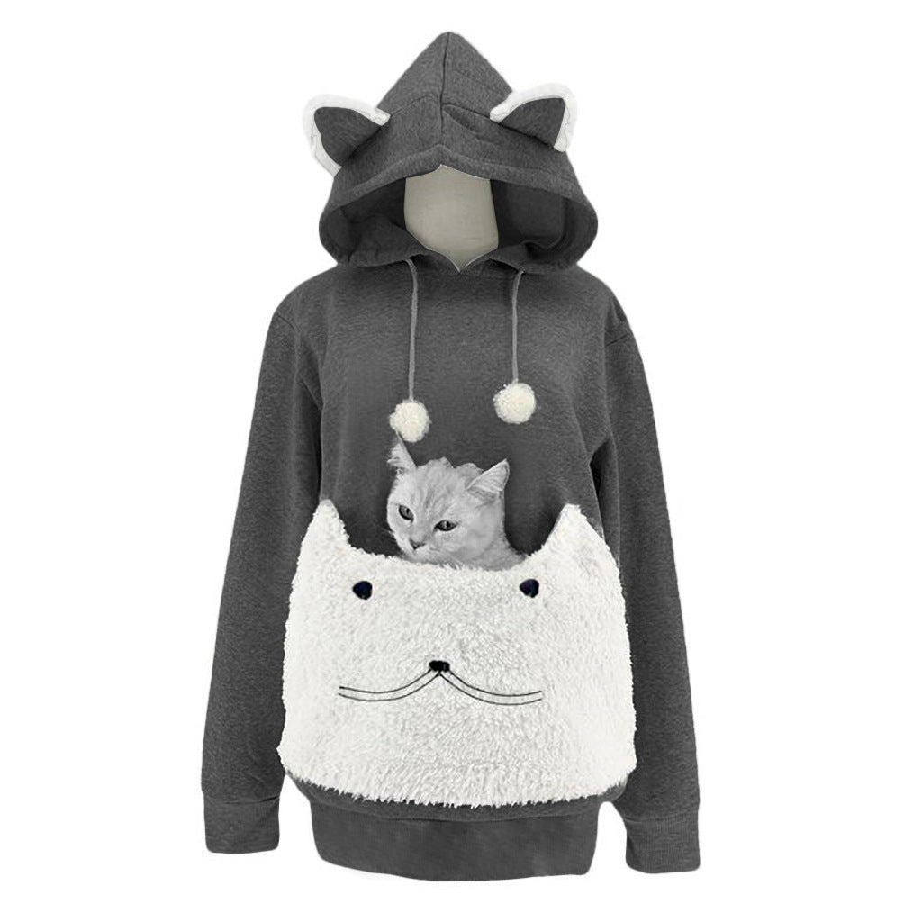 Women's Fashion Embroidery Pet Big Pocket Cat Ears Sweaters