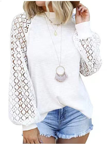 Women's Round Neck Lace Stitching Loose Long Blouses