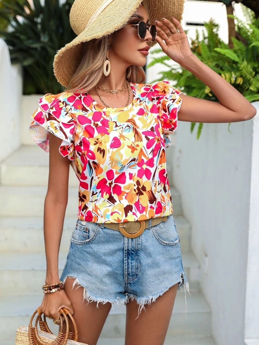 Women's Summer Floral Print Double-layer Flying Short-sleeved Blouses