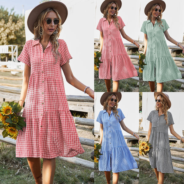 Women's Summer Plaid Dress Shirt Collar Casual Dresses