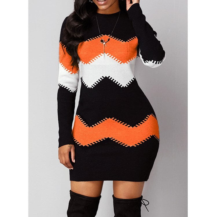 Women's Mid-length Round Neck Long Sleeve Printed Dresses