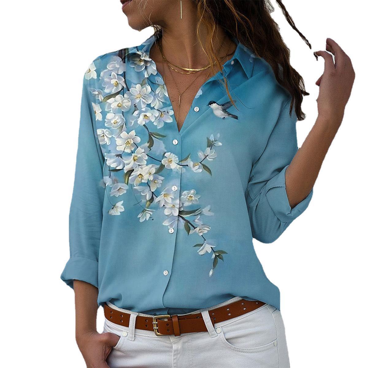 Women's Elegant Lady White Collar Printed Shirt Blouses