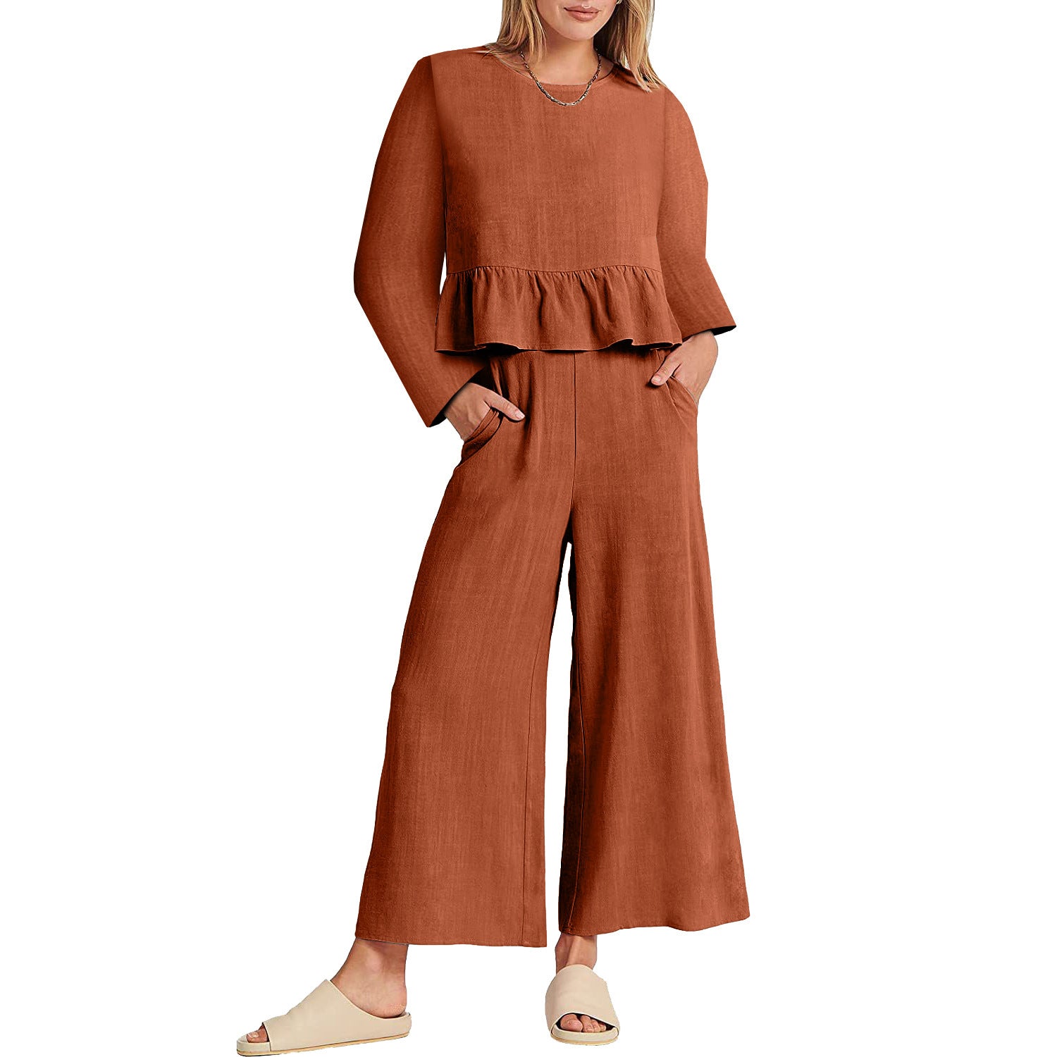 Women's Summer Long-sleeved Pleated Cropped Casual Suits