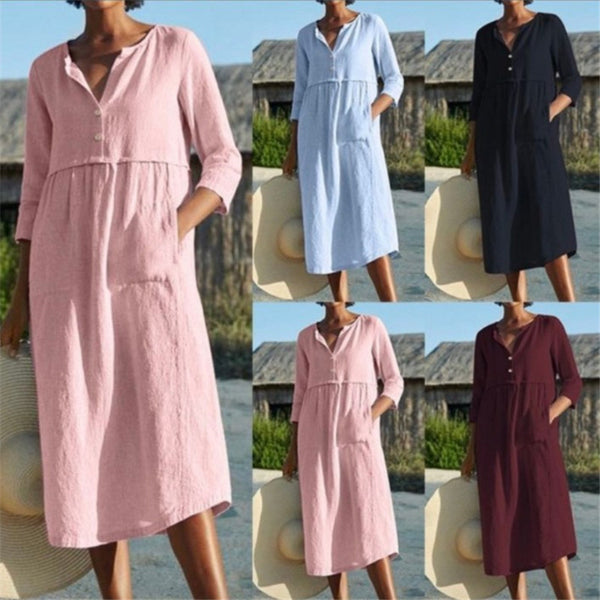 Round Neck Button Pocket Linen Half Dresses