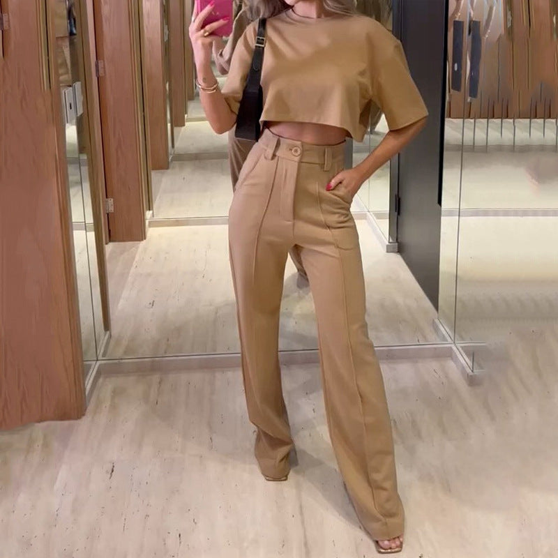 Women's Neck Sleeves Trousers Solid Color Two-piece Suits