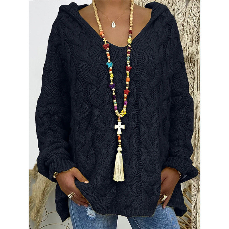 Women's Long Sleeve Hood Knitted Loose Pullover Sweaters