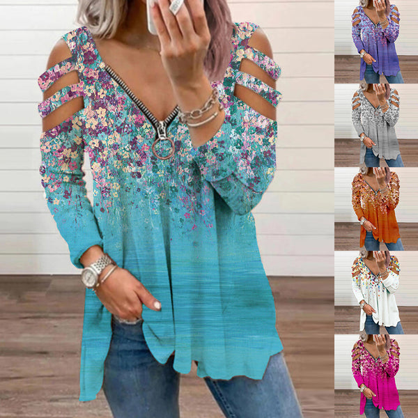 Women's Floral V-neck Zipper Off-shoulder Long Sleeve Blouses