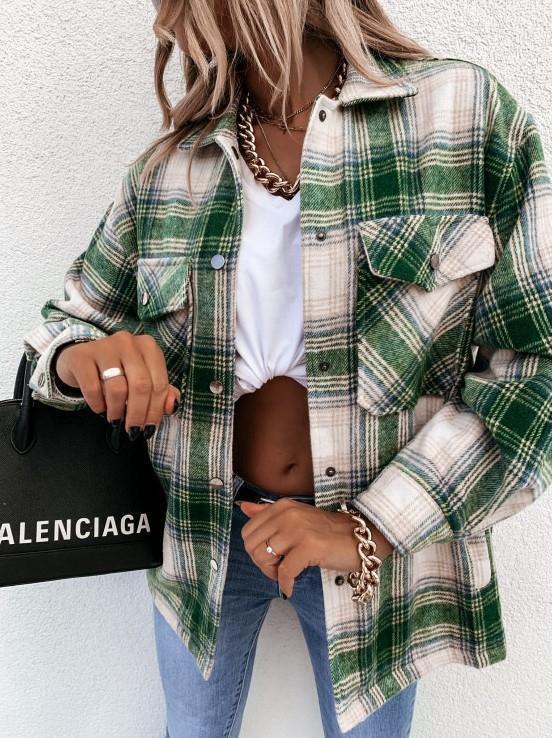 Women's Stylish Long-sleeved Shirt Plaid Single-breasted Coats