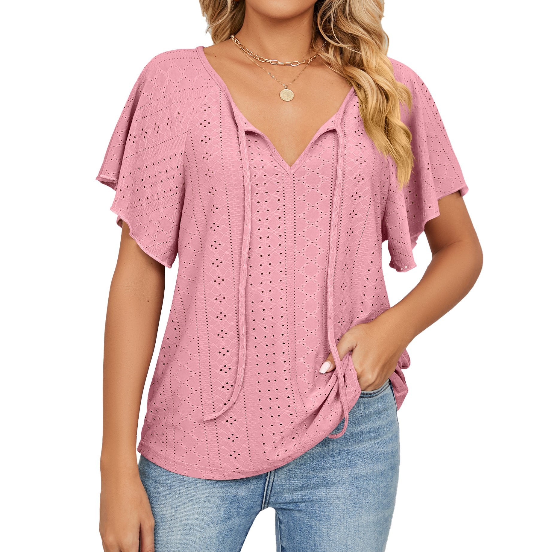 Women's Solid Color V-neck Lace-up Sleeve Loose Blouses