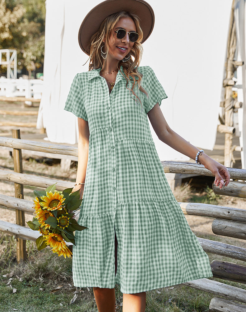 Robe d'été à carreaux pour femmes, col chemise, robes décontractées