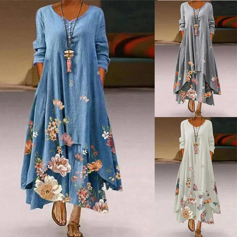 Women's Popular Printed Long-sleeved Hem Irregular Long Dresses