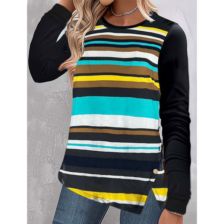 Women's Neck Hem Irregular Mixed Color Stripe Button Long Sleeve Blouses