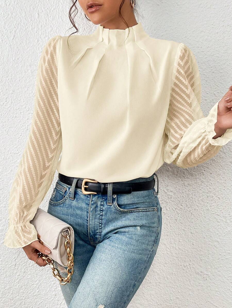 Women's Beautiful Stitching Wavy Chiffon Long-sleeved Tops