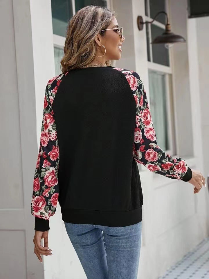 Women's Print Stitching Fashion Versatile Casual Round Sweaters