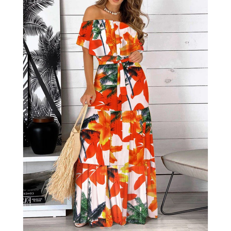 Women's Summer Ruffled Lace Printing Maxi Dress Dresses