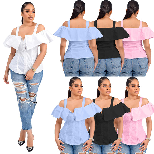 Women's Shirt Button Ruffled Spaghetti Straps Adjustable Blouses