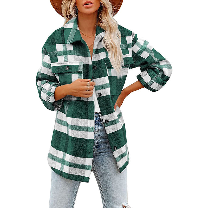 Women's Plaid Button Flannel Woolen Shirt Blouses