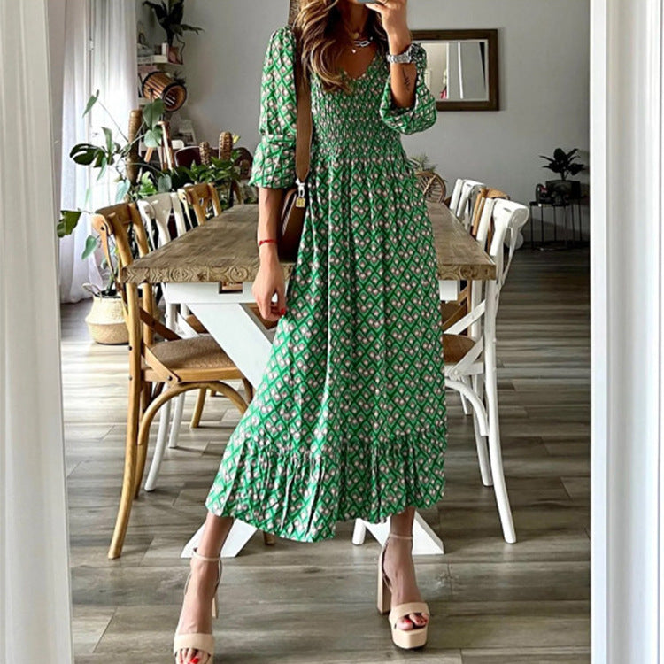Women's Fashion Long Dress Green Printing Stitching Dresses
