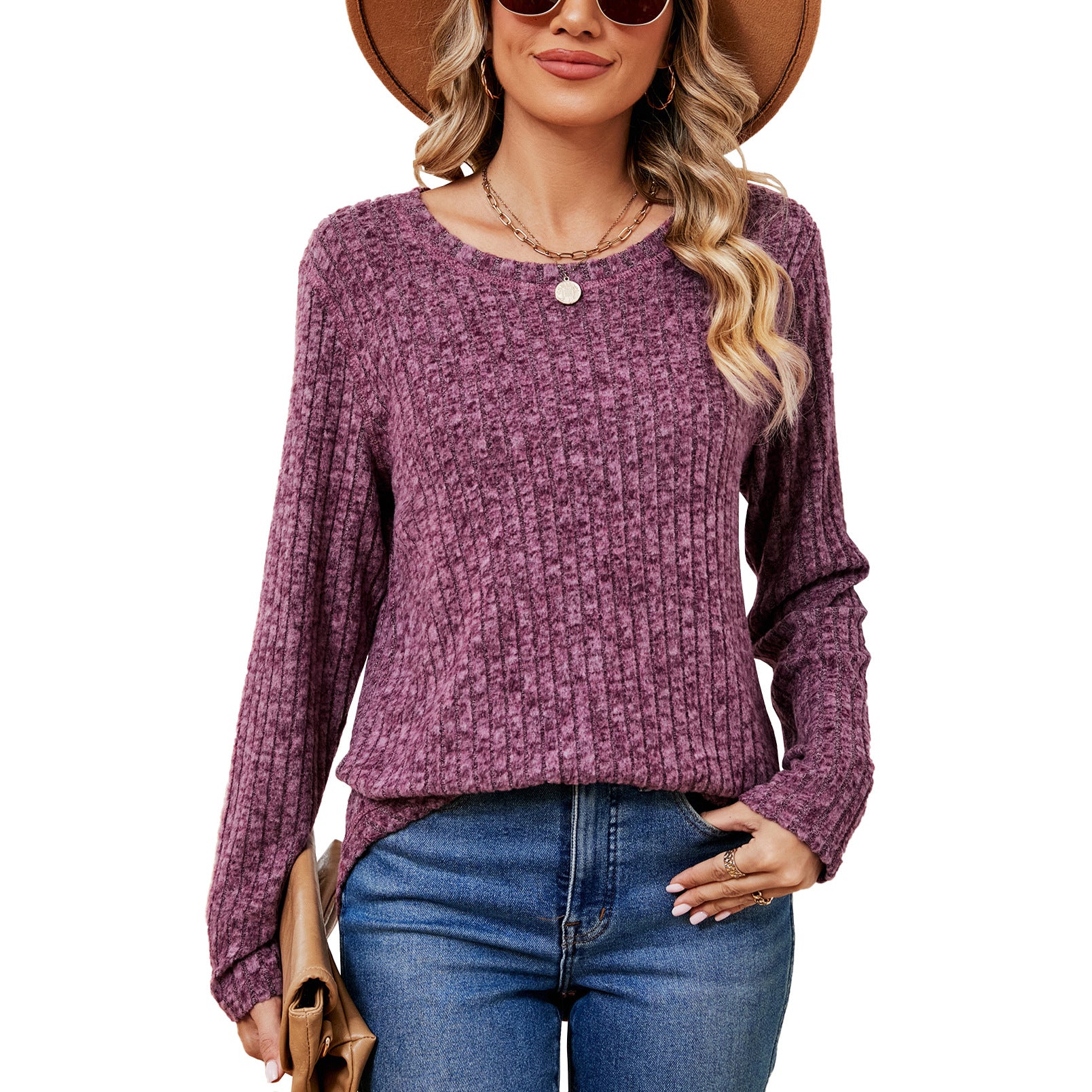 Women's Solid Color Round Neck Loose Long Sleeve Pullover Blouses