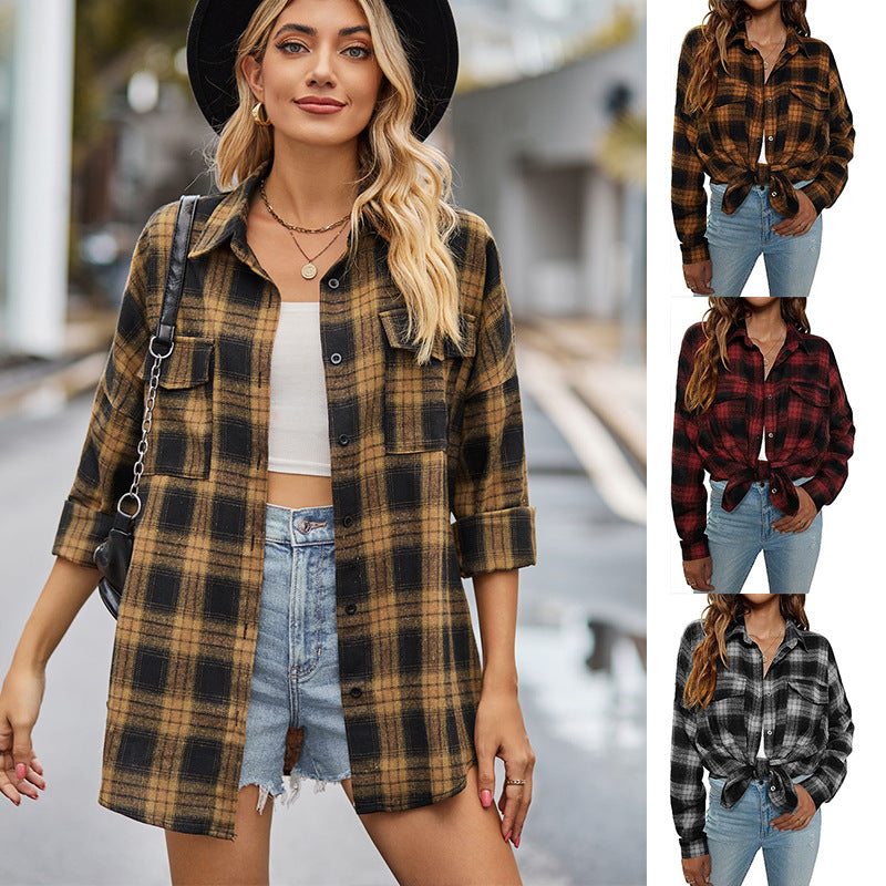 Women's Casual Long-sleeved Flannel Plaid Pocket Shirt Sweaters