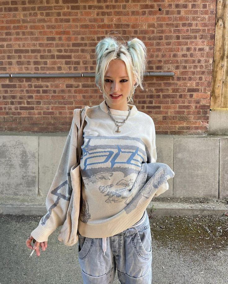 Damen-Pullover mit Street-Print, Persönlichkeit, lässigem Rundhalsausschnitt