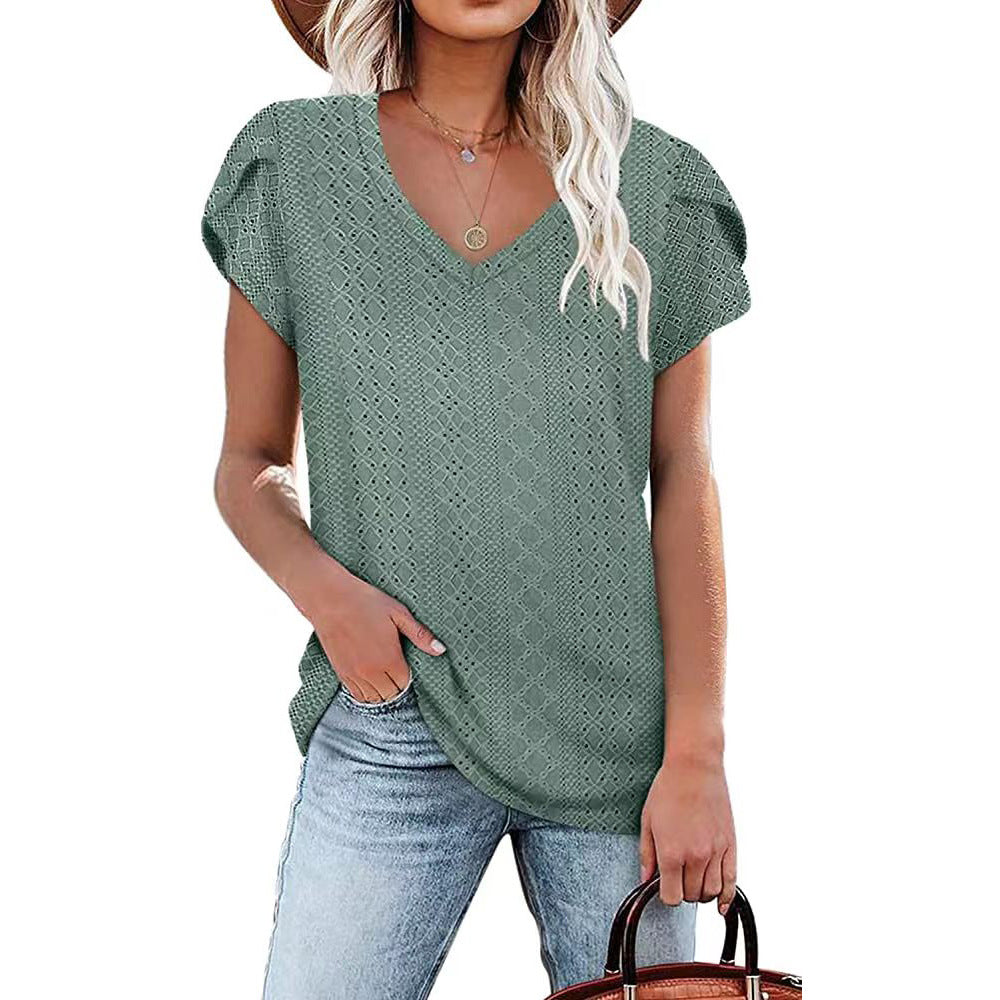 Women's Solid Color V-neck Tile Sleeve Loose Blouses