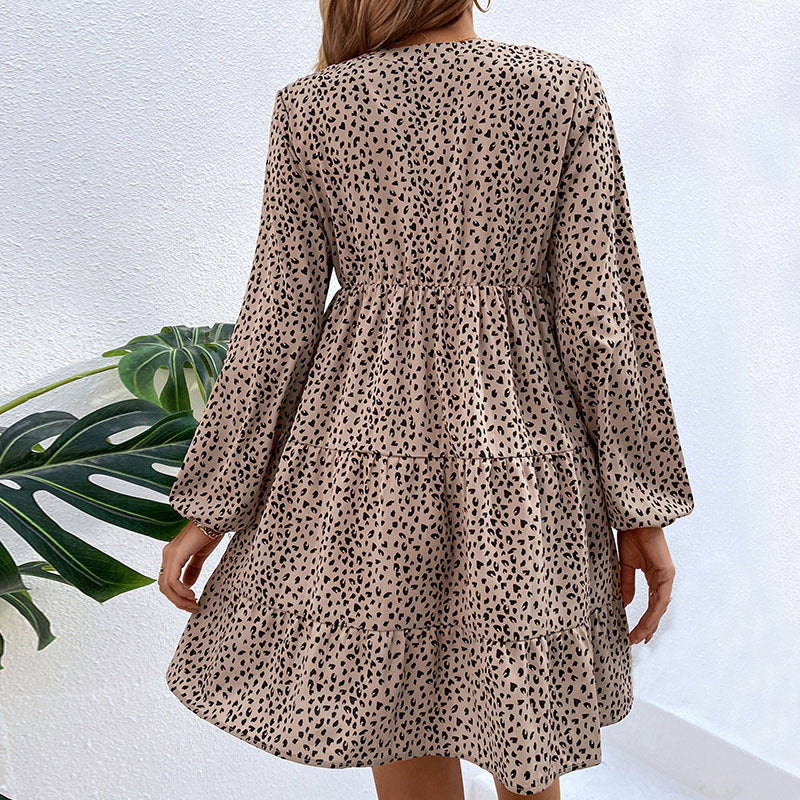 Women's Spring Pleated Leopard Print Long Sleeve Dresses